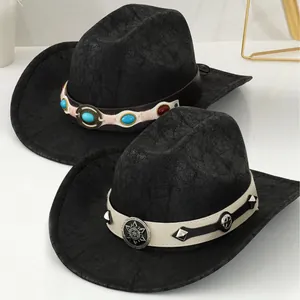 Western Cowboy Hat Vintage Wide Brim Sun Hat With Turquoise Rivet Belt For Women Men Black Outdoor Travel Fedora Hat