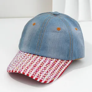 Fashionable denim baseball cap for women with heavy industry rhinestone brim decoration