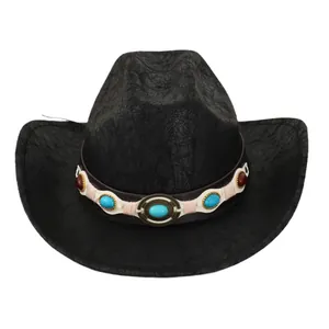Vintage black Western cowboy hat with turquoise and gemstone studded belt detail