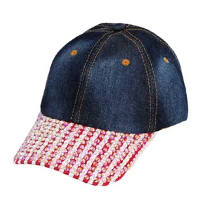 Stylish denim baseball cap for women featuring heavy rhinestone brim and striped pattern