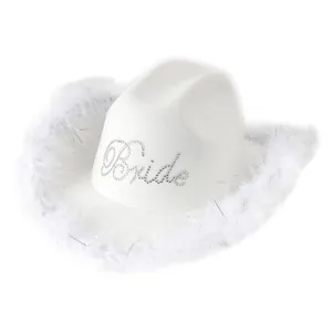 Cappello da cowboy bianco con piume e strass 'Bride' per feste della sposa