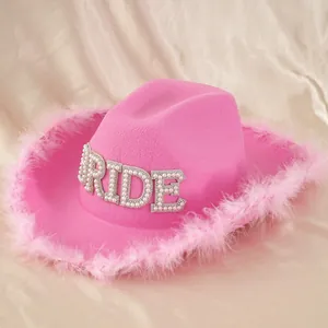Women Pink Bride Cowgirl Hat With Feather Trim Pearl Rhinestone BRIDE Letter Western Style Hat For Bachelorette Party Wedding Music Festival