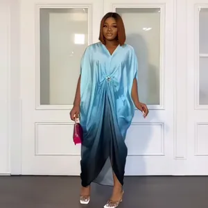 Elegant African Bubu plus size ombre blue dress with batwing sleeves and rhinestone waist