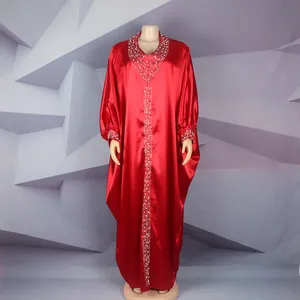 Red African Bubu Kaftan with V-neck, batwing sleeves and rhinestone beaded details
