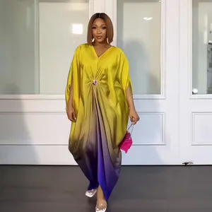 Elegant yellow and purple gradient African BUBU rayon dress with batwing sleeves