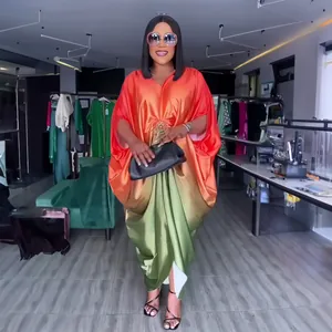 Elegant plus size African BUBU gradient dress with batwing sleeves and rhinestone belt