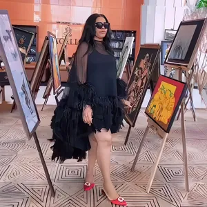 African Fashion Mesh Splicing Feather Dress For Women Elegant Sexy Banquet Set White Black Mesh Tulle Dress With Inner Camisole