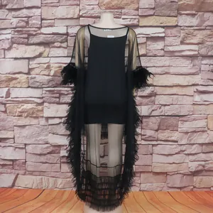 Detailed view of a sexy black mesh cover-up dress featuring elegant feather trim and ruffled hem