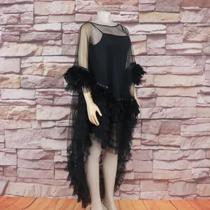 Detailed shot of black mesh dress featuring feather trim and layered tulle skirt