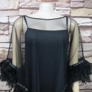 Close-up of black sheer mesh dress featuring feather trim sleeves and camisole lining