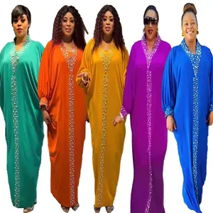 Women African BUBU Robe Dress V-Neck Batwing Sleeve Viscose Plus Size Maxi Long Gown With Rhinestones And Beaded Decor