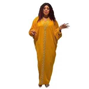 Plus size African Bubu dress in yellow with V-neck pearls and batwing sleeves