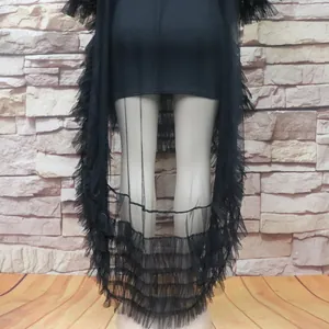 Detailed macro view of the layered black mesh ruffles on an elegant party dress