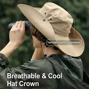 Close-up of breathable eyelets on a wide-brimmed khaki outdoor hiking hat.