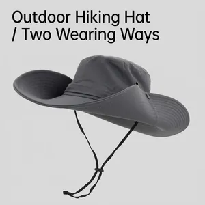 Close-up side view of a gray wide brim outdoor sun hat featuring UPF50+ UV protection