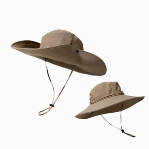 Dual angle view of a khaki wide-brim sun hat with adjustable chin strap for hiking