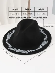 Black felt fedora hat with butterfly embroidery and detailed size measurements in cm and inch