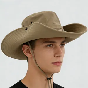 Men's khaki wide brim sun hat with adjustable chin strap for outdoor hiking and travel