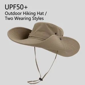 Khaki wide-brim outdoor hiking sun hat with UPF50+ protection and adjustable chin strap
