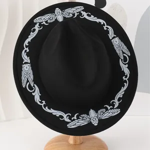 Vintage Western Style Black Fedora Hat With Butterfly 3D Embroidery For Women Men Wide Brim Felt Cowboy Hat Retro Artistic Travel Sun Hat