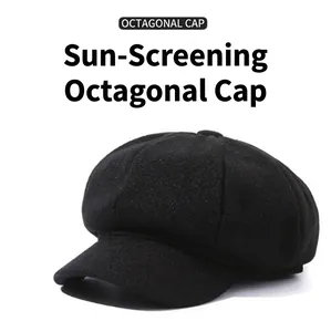 Unisex Retro Polyester Solid Color Octagonal Newsboy Cap Autumn Winter Warm Beret Hat With Short Brim For Outdoor Daily Fashion