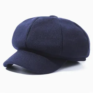 Classic navy blue wool octagonal baker boy hat for autumn and winter outdoor wear