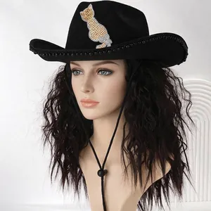 Black western cowboy hat with sequin cat pattern and pearl trim for women trendy