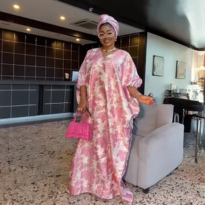 Afrikanischer Ethno-Stil Bubu Lockeres Maxi-Kleid Mit Kopftuch Fledermausärmel Kaftan Für Damen Floral Bedrucktes Satin Kleid