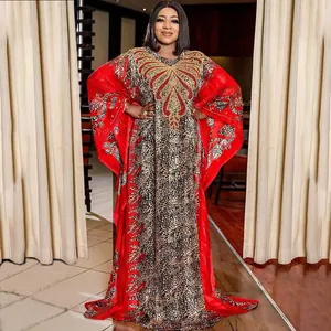 Women African Ethnic Style Kaftan Dress Leopard Digital Print Rhinestone Batwing Sleeve Loose Robe Polyester Chiffon Maxi Gown