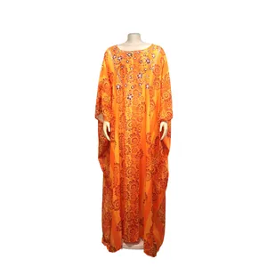 African style chiffon maxi dress with floral patterns and sparkling rhinestone neckline.