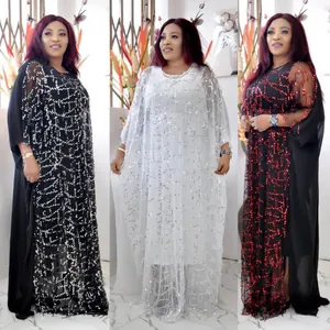 Vestido Largo de Caftán Africano con Lentejuelas para Mujer con Forro Étnico de Flecos Caftán de Ajuste Holgado para Fiesta