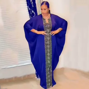 African Ethnic Style Plus Size Dress For Women Loose Pullover Batwing Sleeve Maxi Kaftan Dress With Rhinestone Greek Key Pattern