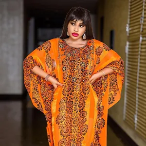 Women African Ethnic Chiffon Kaftan Maxi Dress Orange Rhinestone Beaded Floral Print Robe Top And Bottom Two Piece Set