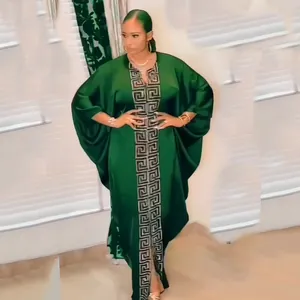 Elegant dark green African plus size loose maxi dress with Greek key pattern detail