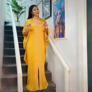 Elegant full-length African plus size yellow kaftan dress with Greek key pattern embroidery