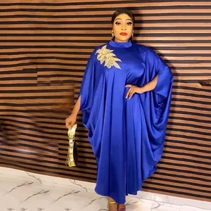 African Ethnic Style Women Kaftan Dress Stand Collar Batwing Sleeve Applique Rhinestone Maxi Gown Elegant Long Robe
