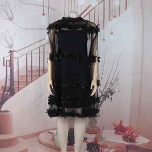 Elegant black mesh princess dress with 3D flower petal details for formal events