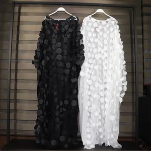 African plus size kaftan dresses in black and white with 3D floral applique