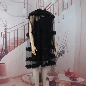 Black layered mesh princess dress with petal ruffles for dance performance