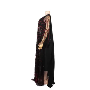 Vista lateral de vestido largo africano para mujer con lentejuelas rojas y forro
