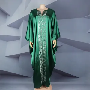 Elegant green satin African kaftan dress with sparkling Greek key rhinestone detail