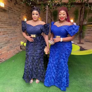 Afrikanisches Luxus Damen Abendkleid Dreidimensionale Blumenstickerei Schulterfrei Netz Pailletten Strass Robe Mit Gürtel Für Hochzeitsfeier