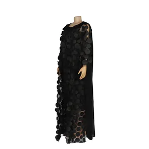 Full length view of black African maxi dress with 3D circular embroidery detail