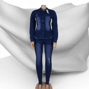 Modisches dunkelblau gewaschenes Denim-Zweiteiler-Set für Damen mit Distressed-Details