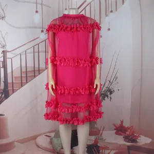 Fuchsia tiered mesh princess dress with 3D floral petals for party and stage performance
