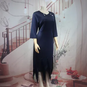 Elegant navy blue midi dress featuring a stylish tassel hem and chic button collar detail.