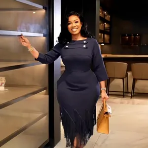Elegant navy blue bodycon dress with three-quarter sleeves and stylish fringe hem detail.