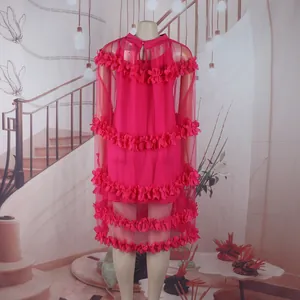 Elegant fuchsia 3D petal princess gown featuring sheer mesh layers for dance performances