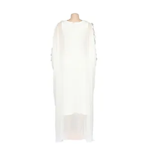 Back view of white African plus size dress with 3D floral detailing and sheer cape