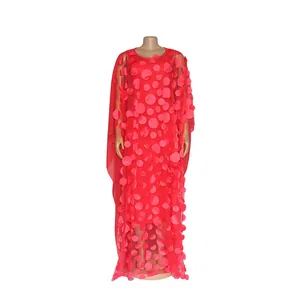 Elegant African red long dress with 3D floral applique on a sheer mesh cape overlay